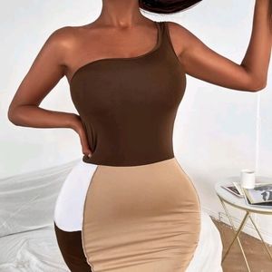 Brown One Shoulder Color Block Bodycon Dress